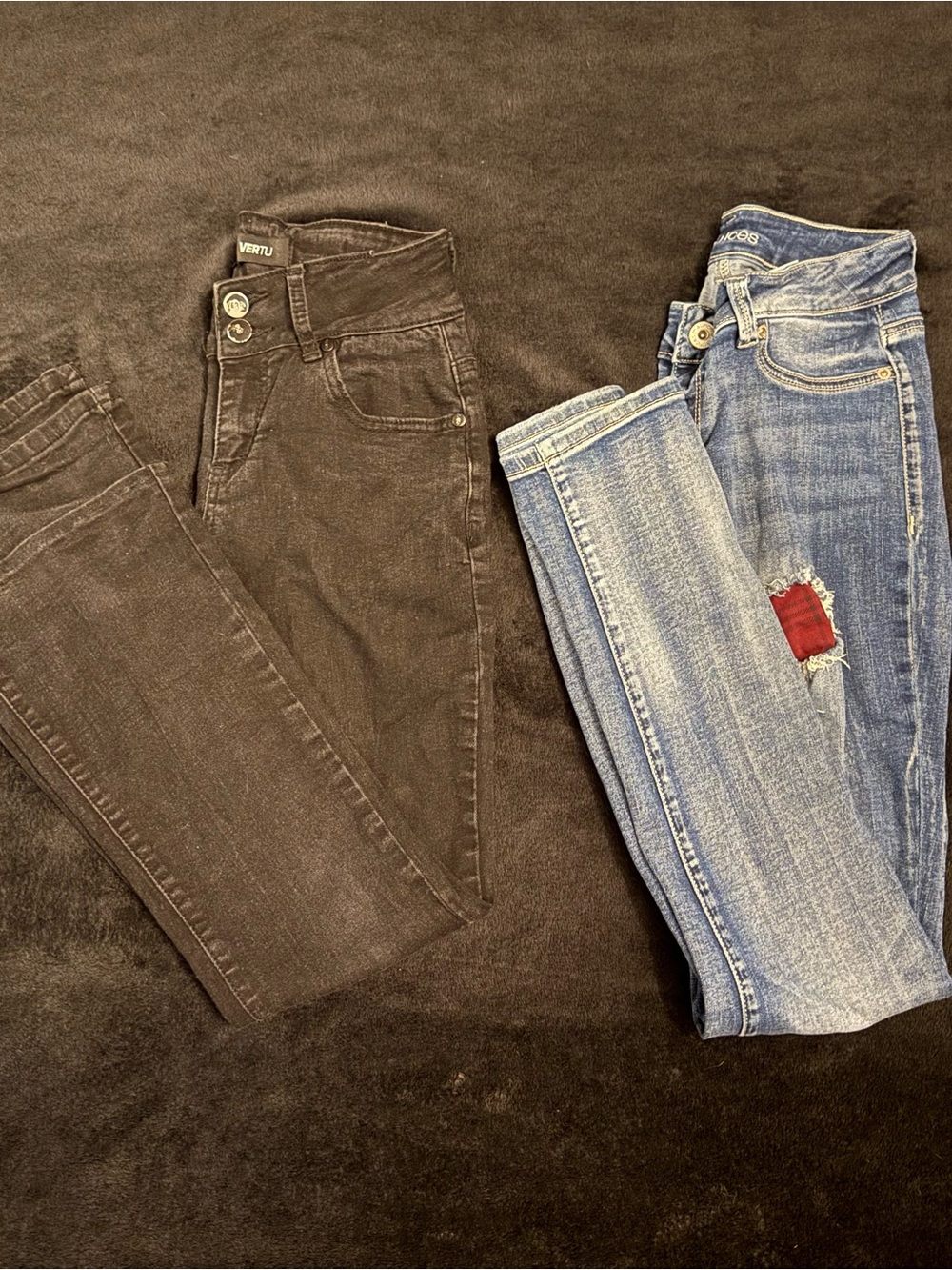 Maurices Women’s Skinny Jeans in Black and Light Blue with Red Patch